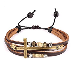 Gold Cross Brown Leather Bracelet