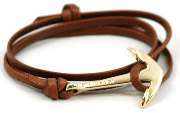 Gold Anchor Braided Brown Leather Bracelet